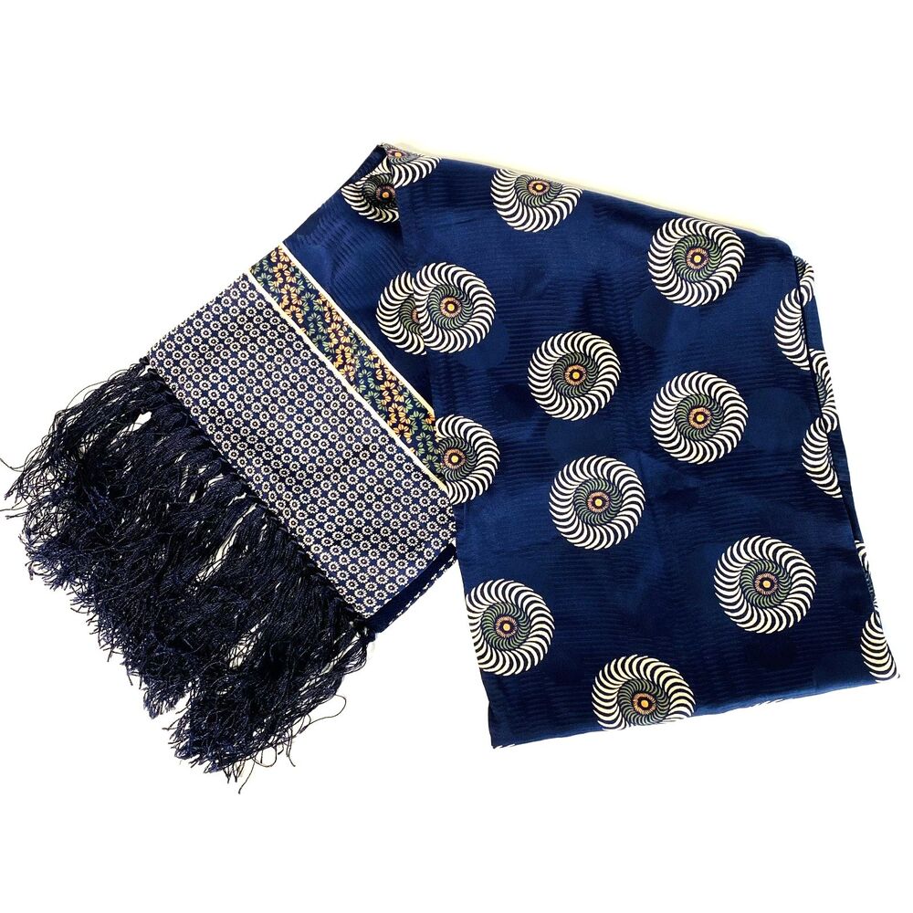 Vintage Navy Silk Scarf Lightweight Elegant Fringe Wrap Classic Accessory